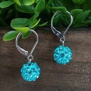 Turquoise Blue Rhinestone Silvertone Earrings